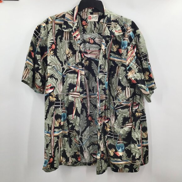 VTG Men's 2XL Hawaiian Shirt Hilo Hatties Palms Canoes Button Down Green Brown - Picture 3 of 9